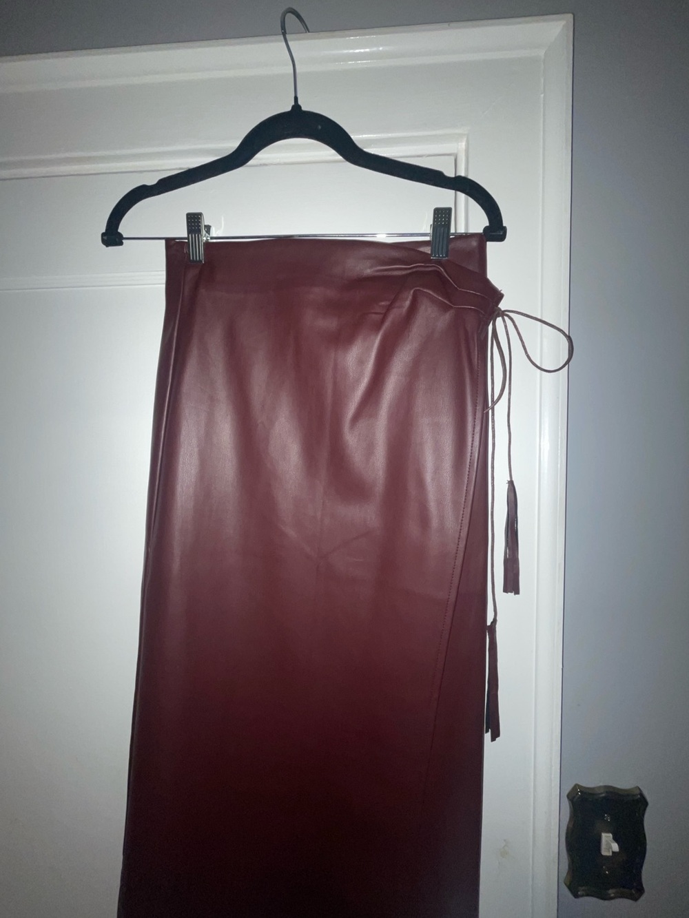 Burgundy Faux Leather Midi Wrap Skirt with Side Tie